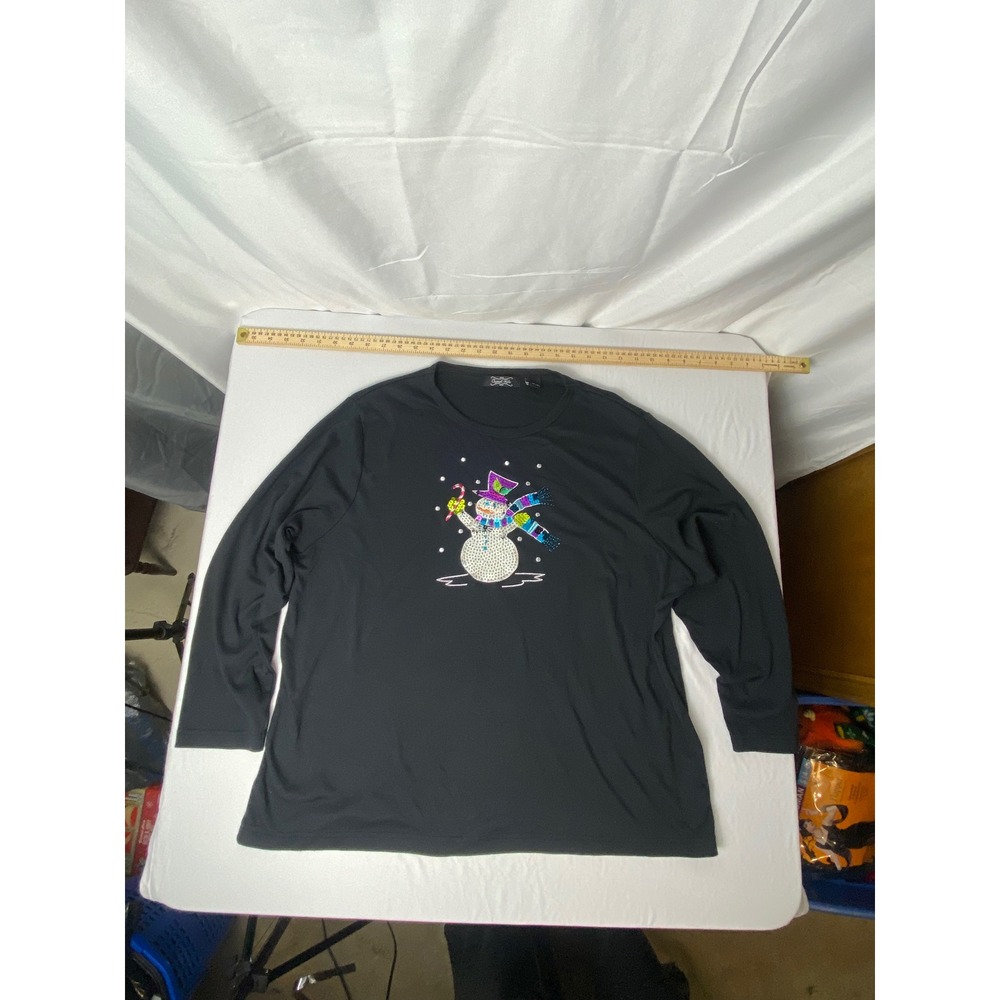Crystal Kobe Womens Top 1X Black Long Sleeve Christmas Snowman Holiday Tee
